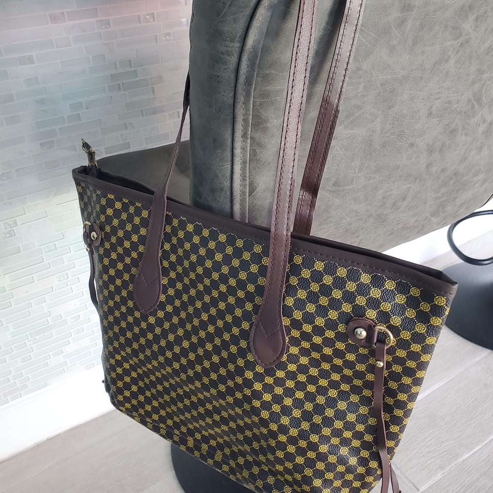 Stylish Brown and Beige Checkered LV LOVE Tote Bag With Dk Brown Straps